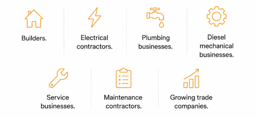 Builders.
Electrical contractors.
Plumbing businesses.
Diesel mechanical businesses.
Service businesses.
Maintenance contractors.
Growing trade companies.
